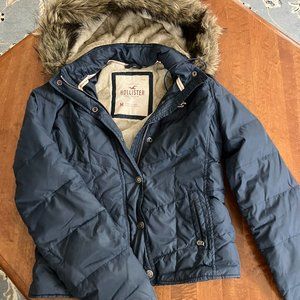 Hollister Navy Down Puffer Jacket with Removable Fur Hood